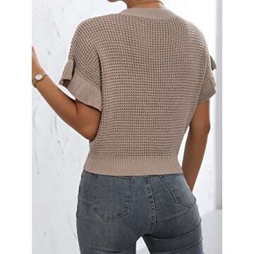 Verdusa Women's Ruffled Short Sleeve Round Neck Knitted Crop Top Pullovers Sweater Khaki S