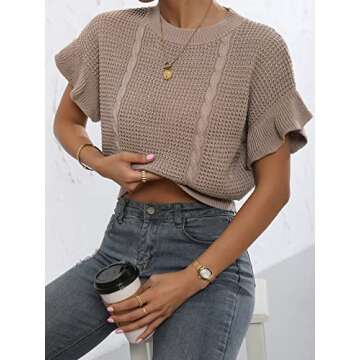 Verdusa Women's Ruffled Short Sleeve Round Neck Knitted Crop Top Pullovers Sweater Khaki S