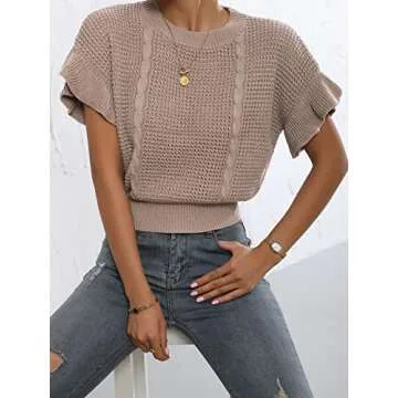 Verdusa Women's Ruffled Short Sleeve Round Neck Knitted Crop Top Pullovers Sweater Khaki S