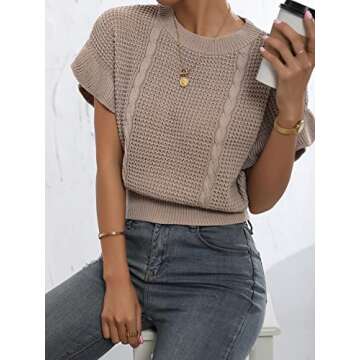 Verdusa Women's Ruffled Short Sleeve Round Neck Knitted Crop Top Pullovers Sweater Khaki S