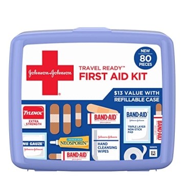 Johnson & Johnson Travel Ready Portable Emergency First Aid Kit for Minor Wound Care with Assorted A...