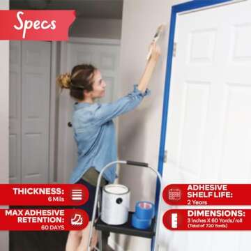 XFasten Blue Painters Tape Bulk 3-Inch x 60-Yards (12-Pack, 2160ft Total) Wall Safe Blue Painters Ta...