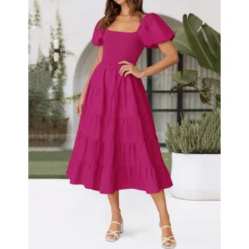 ZESICA Women's Summer Square Neck Short Puff Sleeve Solid Color High Waist Casual Smocked Flowy A Line Tiered Midi Dress,Rose,Medium