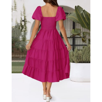 ZESICA Women's Summer Square Neck Short Puff Sleeve Solid Color High Waist Casual Smocked Flowy A Line Tiered Midi Dress,Rose,Medium