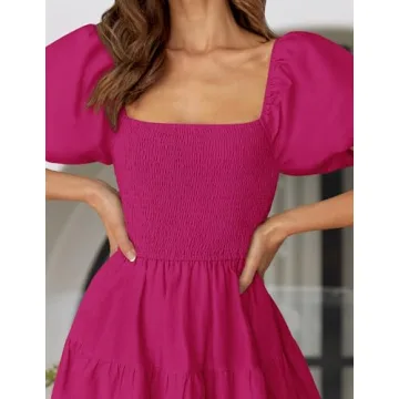 ZESICA Women's Summer Square Neck Short Puff Sleeve Solid Color High Waist Casual Smocked Flowy A Line Tiered Midi Dress,Rose,Medium