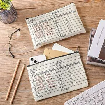 Yinder 6 Pieces Book Lover Gifts Library Card Pouch for Women Cosmetic Bag Birthday Gift for Reader Girl Library Book Bag with Zipper for Teacher(White,Classic Style)