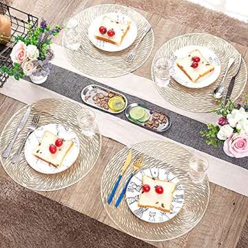 Cedilis 12 Pack Gold Metallic Vinyl Placemats, Non-Slip Washable Round Placemats, Wedding Accent Centerpiece Placemat for Dining Table Kitchen Decor, 15inch