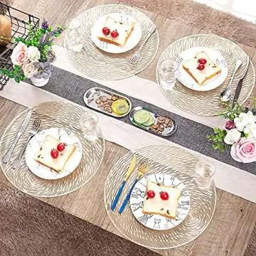 Cedilis 12 Pack Gold Metallic Vinyl Placemats, Non-Slip Washable Round Placemats, Wedding Accent Centerpiece Placemat for Dining Table Kitchen Decor, 15inch