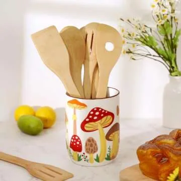 Nefelibata Mushroom Ceramic Utensil Holder Rustic Functional Utensil Crock Kitchen Storage Decor Perfect for Storing Cooking Tools and Cutlery Keep Organized Large Crock for Countertops
