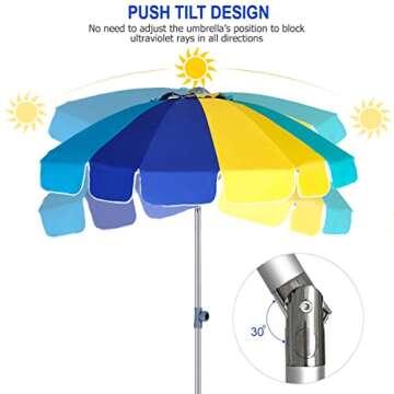 AMMSUN 7.5ft Heavy Duty HIGH Wind Beach Umbrella with sand anchor & Tilt Sun Shelter, UV 50+ Protection Outdoor Sunshade Umbrellas Carry Bag for Patio Garden Pool Backyard multicolor Blue