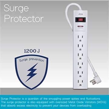 KMC 6-Outlet Surge Protector Power Strip with 15-Foot Cord, 1200 Joule, Overload Protection