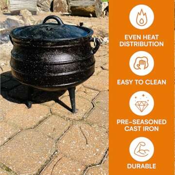 Bruntmor 8-Quart Pre-Seasoned Cast Iron Cauldron - African Potjie Pot with Lid - 3-Legged Pot for Even Heat Distribution - Outdoor Cast Iron Dutch Oven Cookware for Campfire Cooking and Boiling
