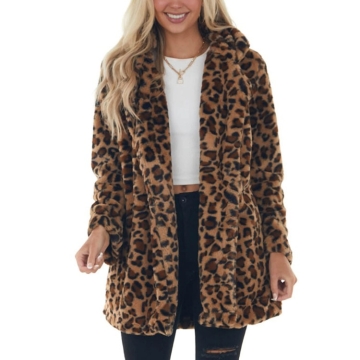 Yeokou Women's Faux Fur Jackets Autumn Winter Leopard Coats Loose Fur Coat with Pockets