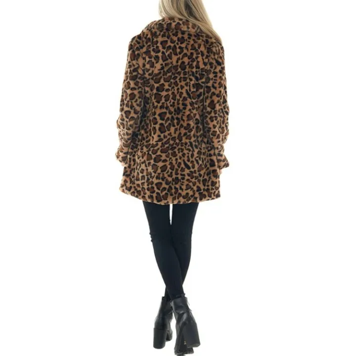 Yeokou Women's Faux Fur Jackets Autumn Winter Leopard Coats Loose Fur Coat with Pockets