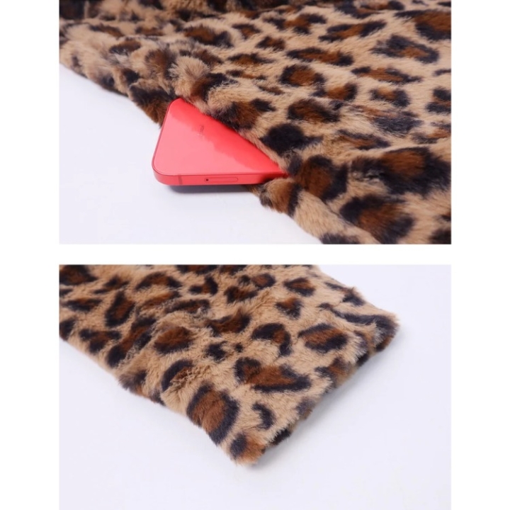 Yeokou Women's Faux Fur Jackets Autumn Winter Leopard Coats Loose Fur Coat with Pockets