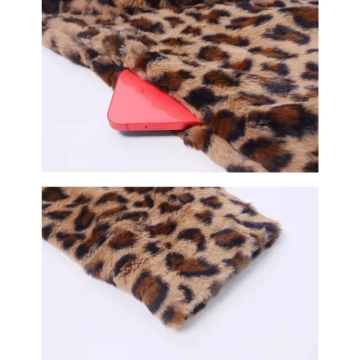 Yeokou Women's Faux Fur Jackets Autumn Winter Leopard Coats Loose Fur Coat with Pockets