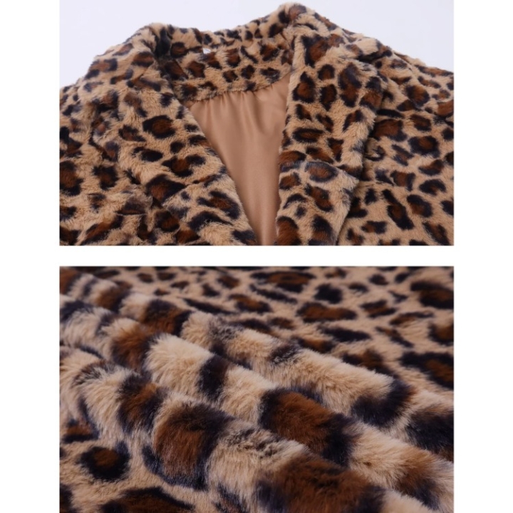 Yeokou Women's Faux Fur Jackets Autumn Winter Leopard Coats Loose Fur Coat with Pockets