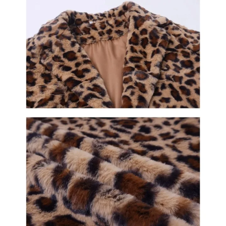 Yeokou Women's Faux Fur Jackets Autumn Winter Leopard Coats Loose Fur Coat with Pockets