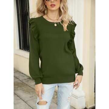 DEEP SELF Womens Long Sleeve Sweaters Ruffle Sweater for Women Casual Fall Sweatshirts Cozy Knit Pullover Sweater Tops