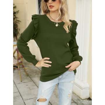 DEEP SELF Womens Long Sleeve Sweaters Ruffle Sweater for Women Casual Fall Sweatshirts Cozy Knit Pullover Sweater Tops