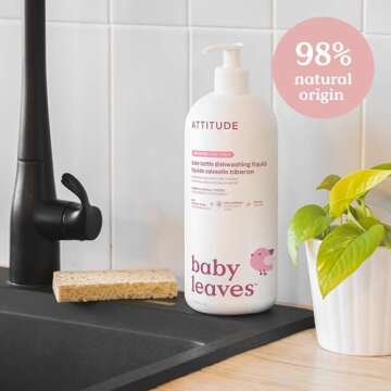 ATTITUDE Baby Dish Soap and Bottle Cleaner, EWG Verified Dishwashing Liquid, No Added Dyes or Fragrances, Tough on Milk Residue and Grease, Vegan, Unscented, 33.8 Fl Oz