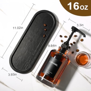 Coffee Syrup Dispenser for Coffee Bar, Glass Syrup Dispenser with 1/4oz Large Capacity Pump, Coffee Syrup Pump Dispenser Bottle for Coffee Station, Coffee Bar Organizer, Black,16oz