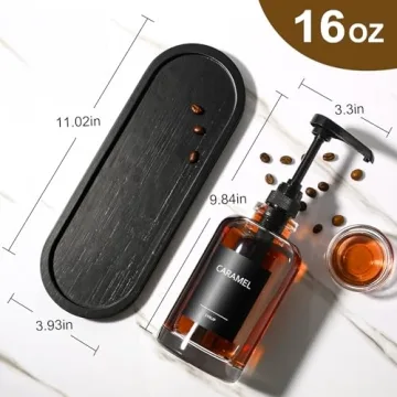 Coffee Syrup Dispenser for Coffee Bar, Glass Syrup Dispenser with 1/4oz Large Capacity Pump, Coffee Syrup Pump Dispenser Bottle for Coffee Station, Coffee Bar Organizer, Black,16oz