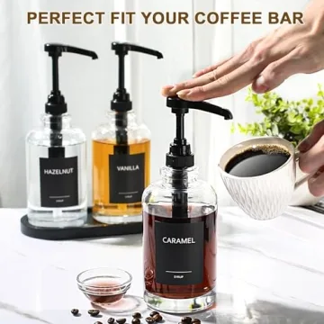 Coffee Syrup Dispenser for Coffee Bar, Glass Syrup Dispenser with 1/4oz Large Capacity Pump, Coffee Syrup Pump Dispenser Bottle for Coffee Station, Coffee Bar Organizer, Black,16oz