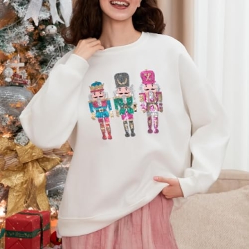 Aonoapll Women Sequin Nutcracker Sweatshirt Cute Holiday Oversized Pullover Sparkly Christmas Long Sleeve Crewneck Shirt(Apricot,Medium)