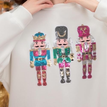 Aonoapll Women Sequin Nutcracker Sweatshirt Cute Holiday Oversized Pullover Sparkly Christmas Long Sleeve Crewneck Shirt(Apricot,Medium)