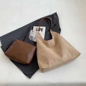 Suede Purse Hobo bag Slouchy Tote Bag for Women Suede Handbag(Beige)