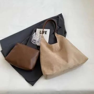 Suede Purse Hobo bag Slouchy Tote Bag for Women Suede Handbag(Beige)