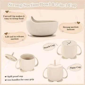 Silicone Baby Feeding Set 10 Pcs Baby Led Weaning Supplies Suction Bowl Divided Plate Baby Bibs Fruit Feeder Baby Spoons Forks Sippy Cup Toddler Utensil Sets Baby Essentials for Newborn Gift