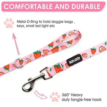 azuza Dog Collar and Leash Set, Cute Strawberry Patterns on Pink Nylon Collar and Matching Leash, Great Option for Extra Small Dogs
