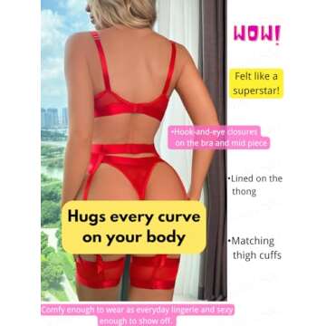 Kaei&Shi Garter Belt Thong Lingerie For Women,Strappy Hollow Out Sexy Lingerie,Underwire Mesh Sheer Matching 4 Piece Lingerie Set Petite Valentine Day Red Small