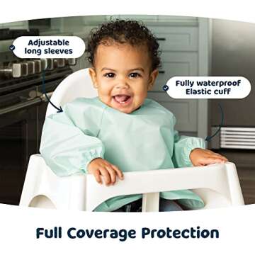 Tiny Twinkle Mess Proof Baby Bib, 2 Pack Long Sleeve Bib Outfit, Waterproof Bibs for Toddlers, Machine Washable, Tug Proof (Sage Charcoal, Small 6-24 Months)