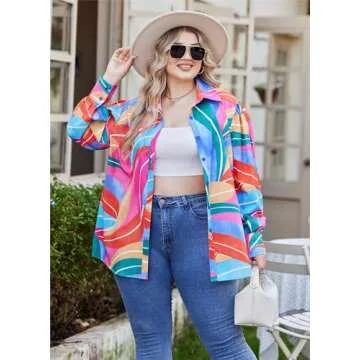 IN'VOLAND Womens Plus Size Button Down Shirts Print Balloon Sleeve Blouses Boho Floral Shirts Hawaii...