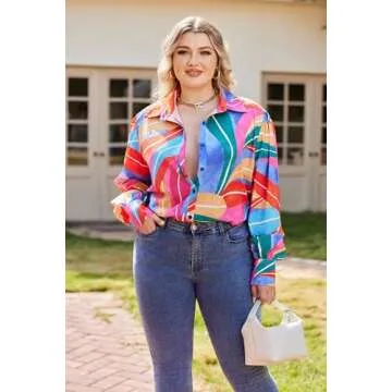 IN'VOLAND Womens Plus Size Button Down Shirts Print Balloon Sleeve Blouses Boho Floral Shirts Hawaiian Shirts Work Office Tops