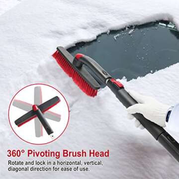 YONHAN Snow Brush Extendable 38" Ice Scraper and Car Accessories 3-in-1 Snow Scraper with Foam Grip, Brush Supports 360 Degree Rotation Scratch-Free Snow Removal for Automotive SUV Truck Windshield