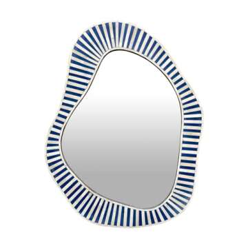 Hansa Handmade Bone Inlay Irregular Wall Mirror Design Strip Pattern BlueAsymmetrical Bathroom Mirro...