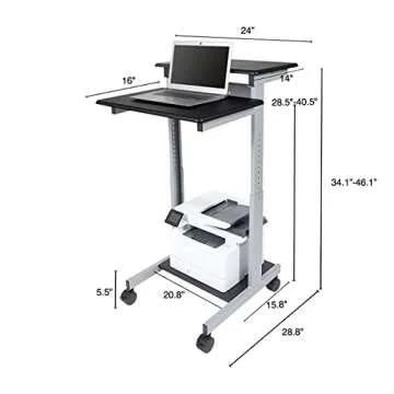 Stand Up Desk Store Rolling Adjustable Height Two Tier Standing Desk Computer Workstation (Silver Frame/Black Top, 24" Wide)