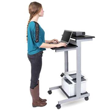 Stand Up Desk Store Rolling Adjustable Height Two Tier Standing Desk Computer Workstation (Silver Frame/Black Top, 24" Wide)