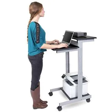 Stand Up Desk Store Rolling Adjustable Height Two Tier Standing Desk Computer Workstation (Silver Frame/Black Top, 24" Wide)