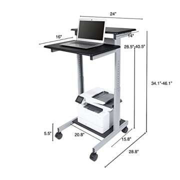 Stand Up Desk Store Rolling Adjustable Height Two Tier Standing Desk Computer Workstation (Silver Frame/Black Top, 24" Wide)