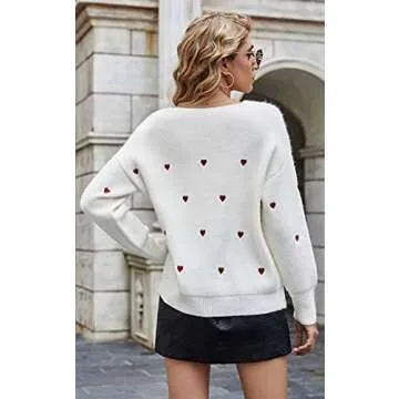 ECOWISH Women Heart Sweater V Neck Casual Pullover