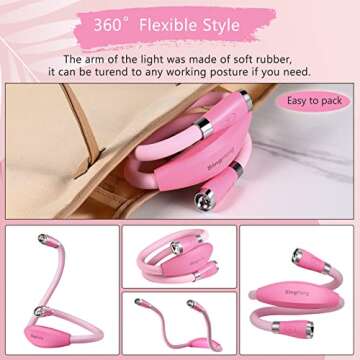 SingHong Neck Book Light LED Reading Lamp USB Rechargeable, Hands Free, 4 LED Bulbs, 4 Adjustable Brightness, for Reading in Bed or Reading in Car Lamp (Pink)