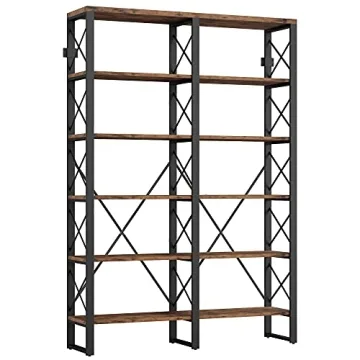 IRONCK Double Wide 6-Tier Open Bookcase, 76" H Industrial Style Shelves for Home Office