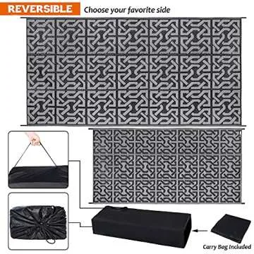 SAND MINE Reversible Mats, Plastic Straw Rug, Modern Area Rug, Large Floor Mat Rug for Outdoors, RV, Patio, Backyard, Deck, Picnic, Beach, Trailer, Camping (9' x 18', Black & Grey)