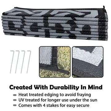 SAND MINE Reversible Mats, Plastic Straw Rug, Modern Area Rug, Large Floor Mat Rug for Outdoors, RV, Patio, Backyard, Deck, Picnic, Beach, Trailer, Camping (9' x 18', Black & Grey)