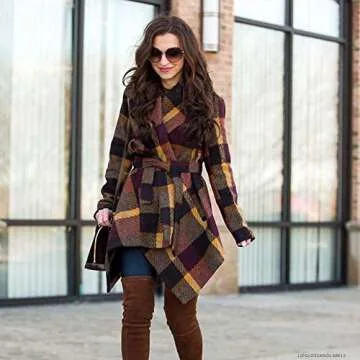 CHICWISH Women's Turn Down Shawl Collar Open Front Long Sleeve Plum Check Asymmetric Hemline Wool Blend Coat, Size L